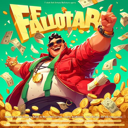 A man in the middle of an online casino banner with green background, surrounded by gold coins and bags full of money, wearing sunglasses and red jacket, text 