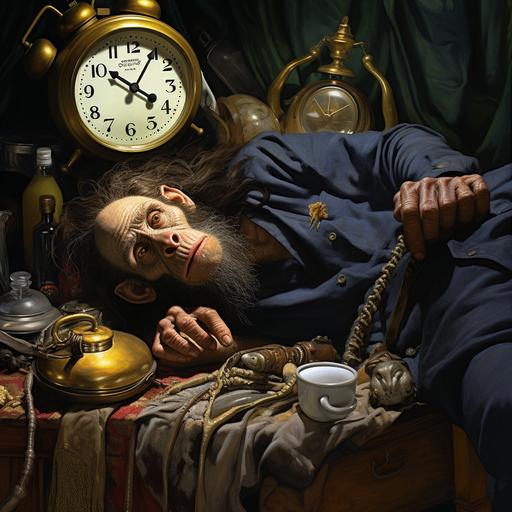 A man lies in bed, the sheets tangled around his legs and sweat dampening his skin. His head is pillowed on his arm, white sheets, beside him chimpanzee alarm clock with brass cymbals in hand . man lying face down.