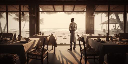 A man places a table cloth on a table in a beach side restaurant in Mazunte during the morning sunlight underneath a palm roof. Full body shot. The man wears a waiter outfit with a white shirt and brown pants. :: https://firebasestorage.googleapis.com/v0/b/noonshot-prod.appspot.com/o/midjourney%2Fimages%2Fd5ed2ada-fda6-4cac-91f0-fc449065b544?alt=media&token=0b4b82d9-7245-4bf7-a8b6-81dcad45e107:: dof --ar 2:1 --v 4 --quality 2 --no hat, dragon