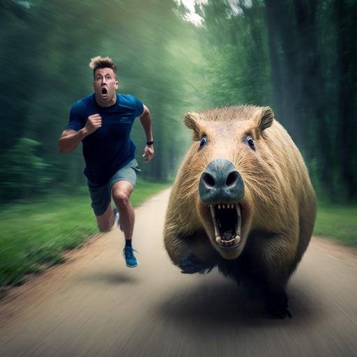 A man running away in panic from a ravenous capybara with bared teeth, captured in a dynamic low-angle shot with a wide-angle lens, creating a sense of urgency and tension, with a lush green forest backdrop and a shallow depth of field
