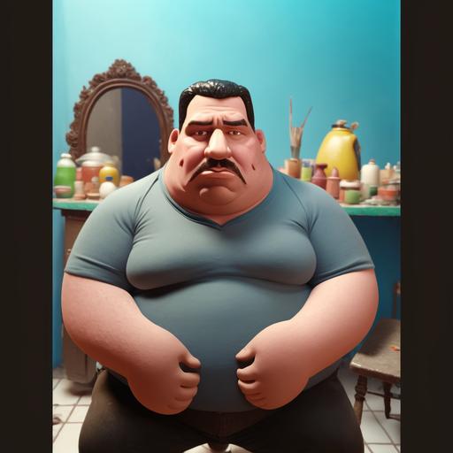 A man sitting on a chair, Farhan, happy, with a big stomach, cartoon, Disney, Pixar, 8k, --v 4