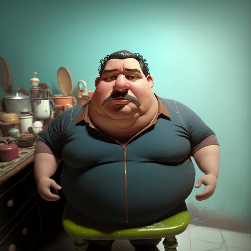 A man sitting on a chair, Farhan, happy, with a big stomach, cartoon, Disney, Pixar, 8k, --v 4
