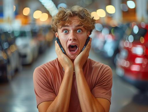 A man talking on two phones at the same time, stressed facial expression, eyes wide open, panicked, sweating in a very polished Car sales shop, --ar 4:3 --style raw --stylize 750 --v 6.0