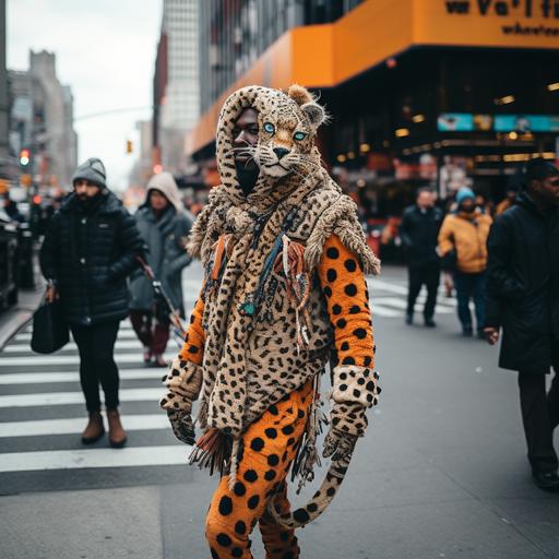 A man walking down the street is wearing a leopard costume, in the style of bold colors and patterns, the new york school, afrofuturism - inspired, siya oum, gloomy, knitted and crocheted, nyc explosion coverage --v 5.2