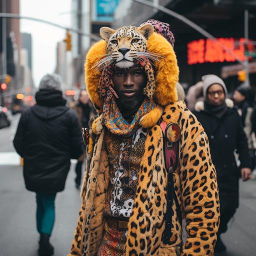 A man walking down the street is wearing a leopard costume, in the style of bold colors and patterns, the new york school, afrofuturism - inspired, siya oum, gloomy, knitted and crocheted, nyc explosion coverage --v 5.2