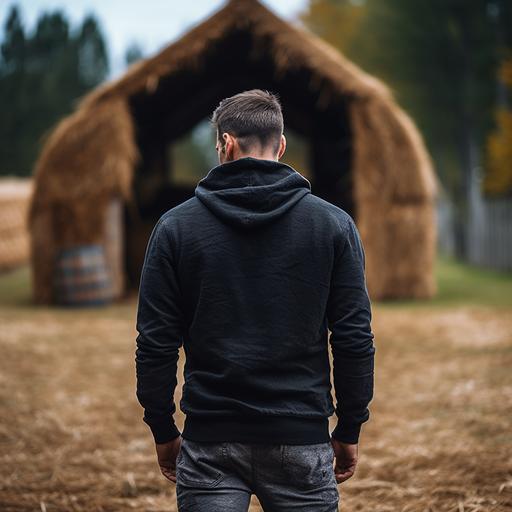 A man wearing an all - black hoodie, back view, rustic farm background, photo taken with nikon d750