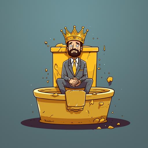 A man with a crown sitting on a gold toilet, cartoon style