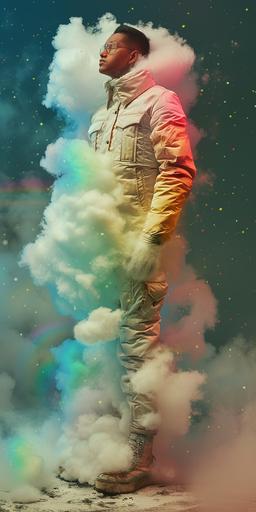 A man with an outfit made of clouds and rainbows only, dramatis personae, fasion photography --ar 1:2 --v 6.0