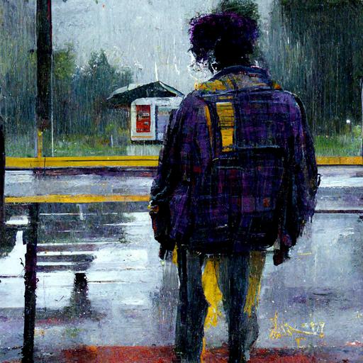 A man with black and purple hair, wearing glasses that close his eyes, in an open red checkered shirt, in yellow jeans, and black sneakers stands in the rain at the bus stop and is sad