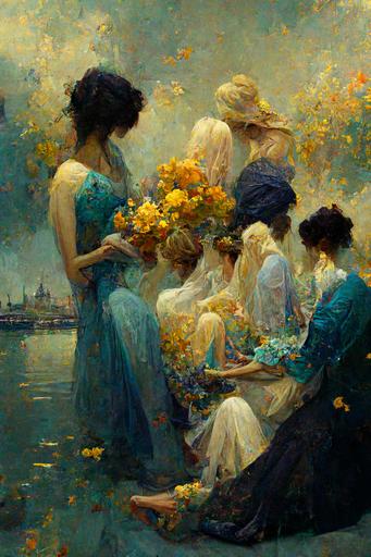 A man with blond hair, a light blue shirt, a guitar lowered and holding a golden trophy.Seven beautiful women lounging around and inviting the man to join them, a waterfront with abstract flowers, Victorian, religious, --ar 5:7  --s 5000 --q 2