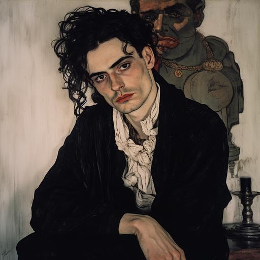A man with smooth black shawl long hairwearing a gorgeous baroque pearl necklace andearrings sits upright on an antique wooden chairin a typical 1900's german home bedroom facingthe camera well-mannered smiling, Egon Schiele style 8K  --s 750 --v 5.2