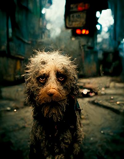 A mangy dirty abandoned dog missing his left eye and front right leg. His fur is long and matted and he is covered with flees. His face expresses pain and fear. His home is the scary big city streets. Photorealistic. Heartbreaking atmosphere. Beautiful lighting. 35mm. Cinematic. --ar 4:5  --q 2