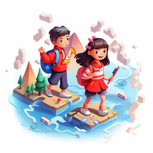 A map with a pin on it and a boy and a girl standing on it, in the style of Cloudcore, featuring childlike illustrations, isometric design, realistic yet stylized, grid-based, flat form, with an accurate and detailed representation, and a red directional line indicating their position.