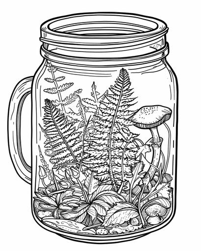 A mason jar terrarium with delicate ferns and a small, mushroom inside, coloring page monochrome, black and white, thick lines, for adults --ar 4:5 --v 6.0