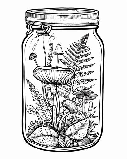 A mason jar terrarium with delicate ferns and a small, mushroom inside, coloring page monochrome, black and white, thick lines, for adults --ar 4:5 --v 6.0