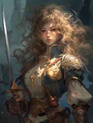 A masterpiece award winning digital illustration painted by [Krenz Cushart] four beautiful female Musketeers swords drawn ready for battle in fair beautiful skin, gorgeous, head to toe painting, divine universe, epic scene, magical, one with shoulder length wild curly black hair, one with long blonde wild curly hair, one with brown short hair wild and curly ,powerful, makeup, kind look, open eyes looking the camera, high resolution, hyper detailed, dramatic light, fantasy, universecore, dreamcore, powerfullcore, magical, mystical, manlycore, dreamy, fantasycore , ultra-hd, 32k, preparing an 🥚 hunt for the king --v 5 --ar 3:4 --s 1000 --q 4
