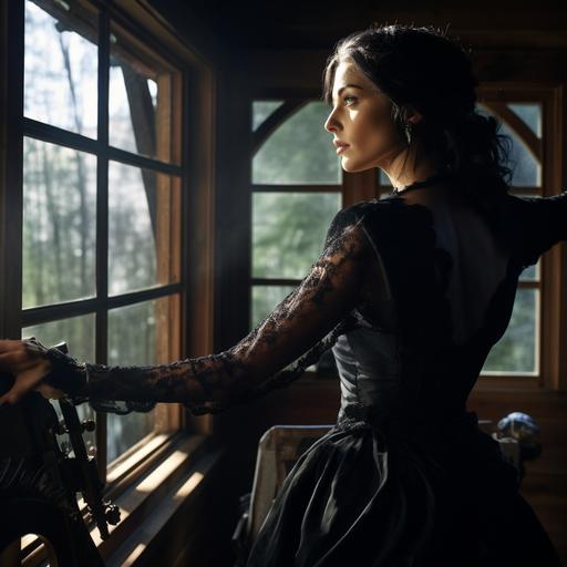 A mature brunette countess in a black long vintage dress shoots from a barn window with a laser machine gun