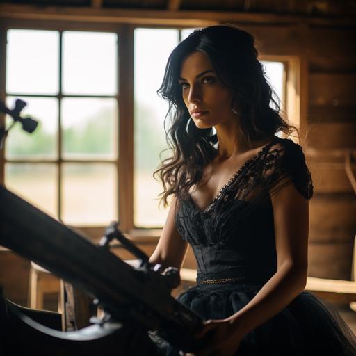 A mature brunette countess in a black long vintage dress shoots from a barn window with a laser machine gun