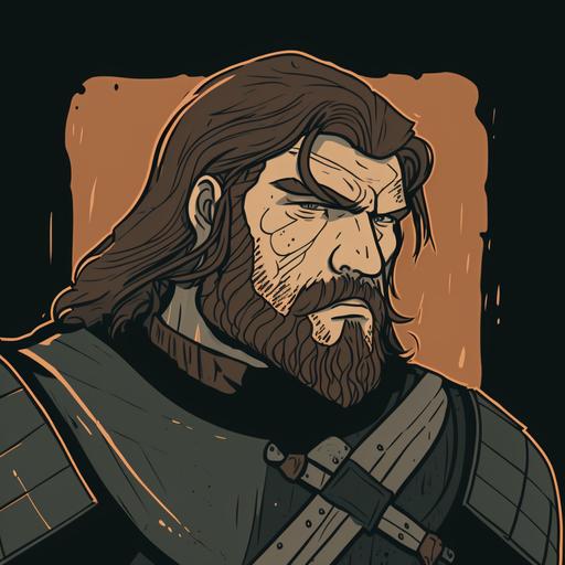 A medieval warrior with a long face and long brown hair. His closely-trimmed beard is beginning to grey, making him look older than his thirty-five years. His dark grey eyes reflect his moods, turning soft as fog or hard as stone. He is known for his unwavering sense of honor and justice and his family finds him kind, although some consider his reserved personality a sign of coldness and disdain. Among his enemies, he has the reputation of having cold, judgmental eyes thought to reflect his frozen heart.