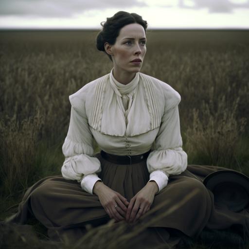 A medium shot, in the style of Robert Eggers, of Rebecca Hall dressed in a drab white Victorian blouse and brown skirt. She is sitting in an open field, looking off-camera, her expression is heavy and wrinkled.
