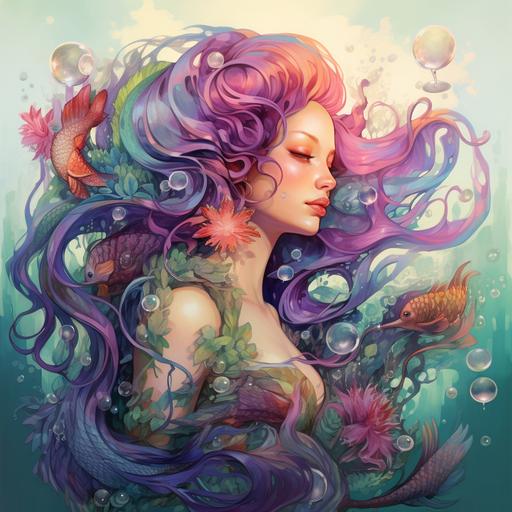 A mermaid with purple and pink hair, green and pink scales on her tail, and turquoise seashells covering her chest. Seahorses swimming around in the water, sun beaming down on her