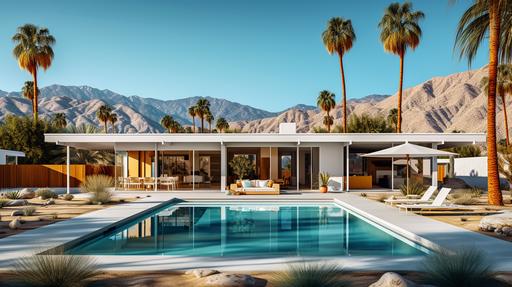 A mesmerizing, ultra-realistic photograph of a stunning mid-century modern house nestled in the heart of Palm Springs, California. The house, an architectural masterpiece, boasts clean lines, expansive glass windows, and a seamless connection to the surrounding desert landscape. This breathtaking scene is captured using a Canon EOS R5 mirrorless camera paired with a RF 16-35mm f/2.8L IS USM lens, renowned for its exceptional sharpness and outstanding color rendition. The photograph showcases the house's unique features, including its cantilevered roof, exposed concrete walls, and vibrant pops of color, all perfectly illuminated by the warm, golden sunlight of the desert. The camera settings are carefully chosen to emphasize the house's architectural details and natural beauty: an aperture of f/8, ISO 200, and a shutter speed of 1/250 sec. The composition is masterfully framed with a low angle perspective, capturing the house against the backdrop of the majestic San Jacinto Mountains, and employing the dramatic converging verticals to create a sense of depth and scale. The foreground features a meticulously landscaped desert garden, filled with native plants and succulents that draw the eye towards the house. The natural light plays a significant role in the photograph, casting soft, diffused shadows on the house's textured surfaces, and highlighting the rich tones of the exposed concrete and vibrant pops of color. The end result is a captivating, high-resolution image that immortalizes the essence of mid-century modern architecture, and transports the viewer to the iconic desert oasis of Palm Springs. --ar 16:9 --q 2 --v 5.1 --v 5.1 --s 750 --style raw