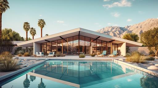 A mesmerizing, ultra-realistic photograph of a stunning mid-century modern house nestled in the heart of Palm Springs, California. The house, an architectural masterpiece, boasts clean lines, expansive glass windows, and a seamless connection to the surrounding desert landscape. This breathtaking scene is captured using a Canon EOS R5 mirrorless camera paired with a RF 16-35mm f/2.8L IS USM lens, renowned for its exceptional sharpness and outstanding color rendition. The photograph showcases the house's unique features, including its cantilevered roof, exposed concrete walls, and vibrant pops of color, all perfectly illuminated by the warm, golden sunlight of the desert. The camera settings are carefully chosen to emphasize the house's architectural details and natural beauty: an aperture of f/8, ISO 200, and a shutter speed of 1/250 sec. The composition is masterfully framed with a low angle perspective, capturing the house against the backdrop of the majestic San Jacinto Mountains, and employing the dramatic converging verticals to create a sense of depth and scale. The foreground features a meticulously landscaped desert garden, filled with native plants and succulents that draw the eye towards the house. The natural light plays a significant role in the photograph, casting soft, diffused shadows on the house's textured surfaces, and highlighting the rich tones of the exposed concrete and vibrant pops of color. The end result is a captivating, high-resolution image that immortalizes the essence of mid-century modern architecture, and transports the viewer to the iconic desert oasis of Palm Springs. testp --ar 16:9 --q 2 --v 5.1 --v 5.1 --s 750 --style raw