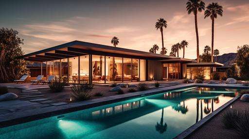 A mesmerizing, ultra-realistic photograph of a stunning mid-century modern house nestled in the heart of Palm Springs, California. The house, an architectural masterpiece, boasts clean lines, expansive glass windows, and a seamless connection to the surrounding desert landscape. This breathtaking scene is captured using a Canon EOS R5 mirrorless camera paired with a RF 16-35mm f/2.8L IS USM lens, renowned for its exceptional sharpness and outstanding color rendition. The photograph showcases the house's unique features, including its cantilevered roof, exposed concrete walls, and vibrant pops of color, all perfectly illuminated by the warm, golden sunlight of the desert. The camera settings are carefully chosen to emphasize the house's architectural details and natural beauty: an aperture of f/8, ISO 200, and a shutter speed of 1/250 sec. The composition is masterfully framed with a low angle perspective, capturing the house against the backdrop of the majestic San Jacinto Mountains, and employing the dramatic converging verticals to create a sense of depth and scale. The foreground features a meticulously landscaped desert garden, filled with native plants and succulents that draw the eye towards the house. The natural light plays a significant role in the photograph, casting soft, diffused shadows on the house's textured surfaces, and highlighting the rich tones of the exposed concrete and vibrant pops of color. The end result is a captivating, high-resolution image that immortalizes the essence of mid-century modern architecture, and transports the viewer to the iconic desert oasis of Palm Springs. testp --ar 16:9 --q 2 --v 5.1 --v 5.1 --s 750 --style raw