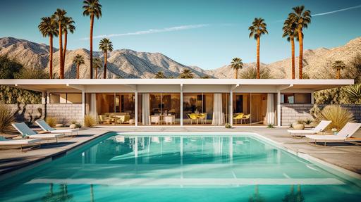 A mesmerizing, ultra-realistic photograph of a stunning mid-century modern house nestled in the heart of Palm Springs, California. The house, an architectural masterpiece, boasts clean lines, expansive glass windows, and a seamless connection to the surrounding desert landscape. This breathtaking scene is captured using a Canon EOS R5 mirrorless camera paired with a RF 16-35mm f/2.8L IS USM lens, renowned for its exceptional sharpness and outstanding color rendition. The photograph showcases the house's unique features, including its cantilevered roof, exposed concrete walls, and vibrant pops of color, all perfectly illuminated by the warm, golden sunlight of the desert. The camera settings are carefully chosen to emphasize the house's architectural details and natural beauty: an aperture of f/8, ISO 200, and a shutter speed of 1/250 sec. The composition is masterfully framed with a low angle perspective, capturing the house against the backdrop of the majestic San Jacinto Mountains, and employing the dramatic converging verticals to create a sense of depth and scale. The foreground features a meticulously landscaped desert garden, filled with native plants and succulents that draw the eye towards the house. The natural light plays a significant role in the photograph, casting soft, diffused shadows on the house's textured surfaces, and highlighting the rich tones of the exposed concrete and vibrant pops of color. The end result is a captivating, high-resolution image that immortalizes the essence of mid-century modern architecture, and transports the viewer to the iconic desert oasis of Palm Springs. testp --ar 16:9 --q 2 --v 5.1 --v 5.1 --s 750 --style raw