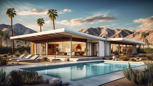 A mesmerizing, ultra-realistic photograph of a stunning mid-century modern house nestled in the heart of Palm Springs, California. The house, an architectural masterpiece, boasts clean lines, expansive glass windows, and a seamless connection to the surrounding desert landscape. This breathtaking scene is captured using a Canon EOS R5 mirrorless camera paired with a RF 16-35mm f/2.8L IS USM lens, renowned for its exceptional sharpness and outstanding color rendition. The photograph showcases the house's unique features, including its cantilevered roof, exposed concrete walls, and vibrant pops of color, all perfectly illuminated by the warm, golden sunlight of the desert. The camera settings are carefully chosen to emphasize the house's architectural details and natural beauty: an aperture of f/8, ISO 200, and a shutter speed of 1/250 sec. The composition is masterfully framed with a low angle perspective, capturing the house against the backdrop of the majestic San Jacinto Mountains, and employing the dramatic converging verticals to create a sense of depth and scale. The foreground features a meticulously landscaped desert garden, filled with native plants and succulents that draw the eye towards the house. The natural light plays a significant role in the photograph, casting soft, diffused shadows on the house's textured surfaces, and highlighting the rich tones of the exposed concrete and vibrant pops of color. The end result is a captivating, high-resolution image that immortalizes the essence of mid-century modern architecture, and transports the viewer to the iconic desert oasis of Palm Springs. --ar 16:9 --q 2 --v 5.1 --v 5.1 --s 750 --style raw