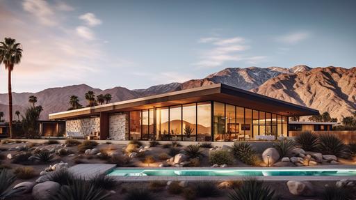 A mesmerizing, ultra-realistic photograph of a stunning mid-century modern house nestled in the heart of Palm Springs, California. The house, an architectural masterpiece, boasts clean lines, expansive glass windows, and a seamless connection to the surrounding desert landscape. This breathtaking scene is captured using a Canon EOS R5 mirrorless camera paired with a RF 16-35mm f/2.8L IS USM lens, renowned for its exceptional sharpness and outstanding color rendition. The photograph showcases the house's unique features, including its cantilevered roof, exposed concrete walls, and vibrant pops of color, all perfectly illuminated by the warm, golden sunlight of the desert. The camera settings are carefully chosen to emphasize the house's architectural details and natural beauty: an aperture of f/8, ISO 200, and a shutter speed of 1/250 sec. The composition is masterfully framed with a low angle perspective, capturing the house against the backdrop of the majestic San Jacinto Mountains, and employing the dramatic converging verticals to create a sense of depth and scale. The foreground features a meticulously landscaped desert garden, filled with native plants and succulents that draw the eye towards the house. The natural light plays a significant role in the photograph, casting soft, diffused shadows on the house's textured surfaces, and highlighting the rich tones of the exposed concrete and vibrant pops of color. The end result is a captivating, high-resolution image that immortalizes the essence of mid-century modern architecture, and transports the viewer to the iconic desert oasis of Palm Springs. --ar 16:9 --q 2 --v 5.1 --v 5.1 --s 750 --style raw