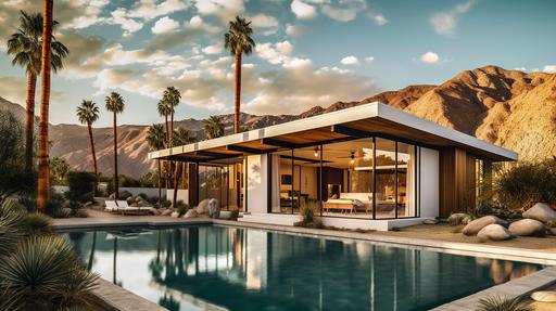 A mesmerizing, ultra-realistic photograph of a stunning mid-century modern house nestled in the heart of Palm Springs, California. The house, an architectural masterpiece, boasts clean lines, expansive glass windows, and a seamless connection to the surrounding desert landscape. This breathtaking scene is captured using a Canon EOS R5 mirrorless camera paired with a RF 16-35mm f/2.8L IS USM lens, renowned for its exceptional sharpness and outstanding color rendition. The photograph showcases the house's unique features, including its cantilevered roof, exposed concrete walls, and vibrant pops of color, all perfectly illuminated by the warm, golden sunlight of the desert. The camera settings are carefully chosen to emphasize the house's architectural details and natural beauty: an aperture of f/8, ISO 200, and a shutter speed of 1/250 sec. The composition is masterfully framed with a low angle perspective, capturing the house against the backdrop of the majestic San Jacinto Mountains, and employing the dramatic converging verticals to create a sense of depth and scale. The foreground features a meticulously landscaped desert garden, filled with native plants and succulents that draw the eye towards the house. The natural light plays a significant role in the photograph, casting soft, diffused shadows on the house's textured surfaces, and highlighting the rich tones of the exposed concrete and vibrant pops of color. The end result is a captivating, high-resolution image that immortalizes the essence of mid-century modern architecture, and transports the viewer to the iconic desert oasis of Palm Springs. testp --ar 16:9 --q 2 --v 5.1 --v 5.1 --s 750 --style raw