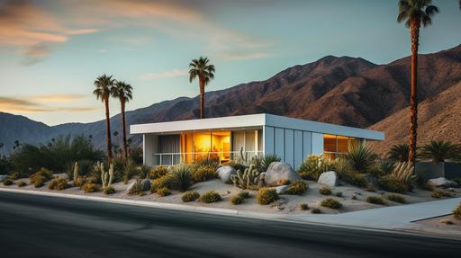 A mesmerizing, ultra-realistic photograph of a stunning mid-century modern house nestled in the heart of Palm Springs, California. The house, an architectural masterpiece, boasts clean lines, expansive glass windows, and a seamless connection to the surrounding desert landscape. This breathtaking scene is captured using a Canon EOS R5 mirrorless camera paired with a RF 16-35mm f/2.8L IS USM lens, renowned for its exceptional sharpness and outstanding color rendition. The photograph showcases the house's unique features, including its cantilevered roof, exposed concrete walls, and vibrant pops of color, all perfectly illuminated by the warm, golden sunlight of the desert. The camera settings are carefully chosen to emphasize the house's architectural details and natural beauty: an aperture of f/8, ISO 200, and a shutter speed of 1/250 sec. The composition is masterfully framed with a low angle perspective, capturing the house against the backdrop of the majestic San Jacinto Mountains, and employing the dramatic converging verticals to create a sense of depth and scale. The foreground features a meticulously landscaped desert garden, filled with native plants and succulents that draw the eye towards the house. The natural light plays a significant role in the photograph, casting soft, diffused shadows on the house's textured surfaces, and highlighting the rich tones of the exposed concrete and vibrant pops of color. The end result is a captivating, high-resolution image that immortalizes the essence of mid-century modern architecture, and transports the viewer to the iconic desert oasis of Palm Springs. --ar 16:9 --q 2 --v 5.1 --v 5.1 --s 750 --style raw