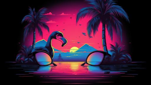 A mesmerizing vaporwave-inspired t-shirt design featuring a neon-lit palm tree on a beach, reflecting in a pair of oversized sunglasses, surrounded by pixelated flamingos and dolphins, Vector, Adobe Illustrator, --ar 16:9 --v 5.0