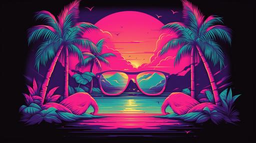 A mesmerizing vaporwave-inspired t-shirt design featuring a neon-lit palm tree on a beach, reflecting in a pair of oversized sunglasses, surrounded by pixelated flamingos and dolphins, Vector, Adobe Illustrator, --ar 16:9 --v 5.0