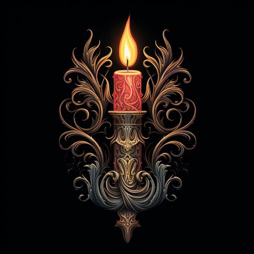 A meticulously detailed tattoo design showcasing one candle, its flame alive and vibrant, reaching out to ignite the wick of a second, unlit candle. The act symbolizes guidance, mentorship, and the passing of knowledge. The candles are set against a backdrop of shadow, emphasizing the light they bring forth. Intricate patterns adorn the candlesticks, hinting at age and wisdom. Style: Realistic with a touch of Gothic elegance. Lighting: The primary focus is on the luminous interaction between the two flames, casting a soft, warm glow. Colors: Deep blacks and grays for the candles and background, contrasted with radiant golds and oranges for the flames