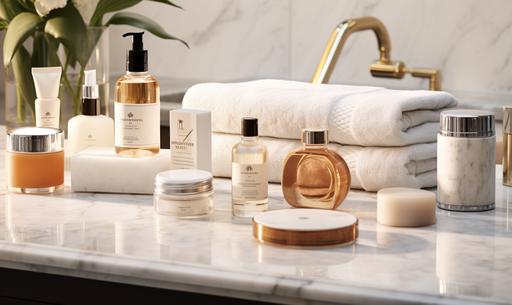 A meticulously organized, ultra-high-definition image of a collection of luxury toiletries. The items are spread across a white marble countertop under the soft, ambient lighting of a high-end bathroom. The toiletries include a richly lathered soap bar, a finely-bristled wooden toothbrush, a tube of minty toothpaste, a sleek glass bottle of floral-scented hand lotion, and a set of premium cotton face towels. The style is contemporary minimalist, with a focus on the textures and colors of the toiletries. The photo is shot at an angle to give a sense of depth. Camera: Leica SL2-S, Lens: Summilux-SL 50mm f/1.4 ASPH, Settings: 1/100s, f/1.4, ISO: 100. The image is in 8K resolution, ensuring the finest details of each item are captured vividly --ar 5:3