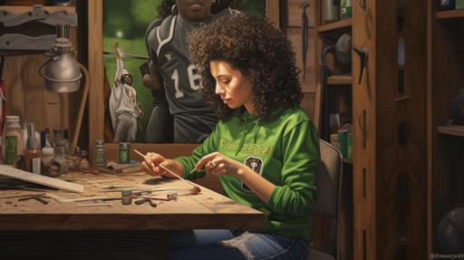 A middle age woman, black curly hair, with jeans, wearing a green vintage mexican soccer jersey, . Working on piece of wood at a wood shop. Full color, digital painting, realistic style --ar 16:9