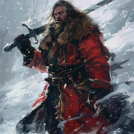 A middle aged, big monster hunter, with hand at his side, dressed in a red fur coat with black lining, walking in the snow drawn in the style of dungeons and dragons art. --v 6.0