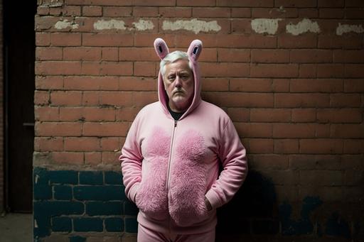 A middle aged grey haired man stands in front of a brick wall wearing a pink bunny costume on a kiev88 with fuji velvia::1980s spy movie, Medium shot from low-angle, off-center, 35 mm film still shot on Kodachrome, an dandy man, brunette, standing in an dark alley with dim light, smoking a cigarette, outside rainy weather, natural lighting, retro. He's guilty of something. --ar 3:2