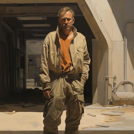 A middle-aged man in a beige futuristic jumpsuit, sad, painting in the style of Hopper, cement surroundings, high contrast, dramatic lighting