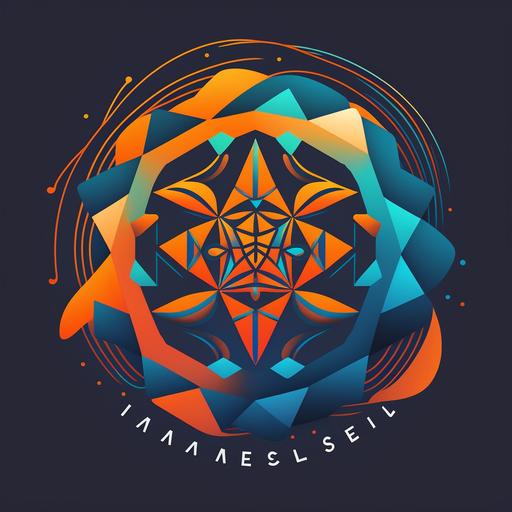 A minimalist logo for a wellness and music festival events company based in Puerto Rico. The logo features a sacred geometry design with a color palette transitioning from midnight blue to sunrise orange. The geometric shapes are arranged in a funky and modern way that evokes a sense of tropical connection.