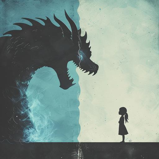 A minimalist poster design featuring the silhouette of tiny little girl standing on opposite sides, with their shadows merging into one another to form the shape of blue dragon head and body. The background is simple yet striking in color, with contrasting shades of black and blue creating depth. adding focus and impact to the composition. --c 5 --s 300