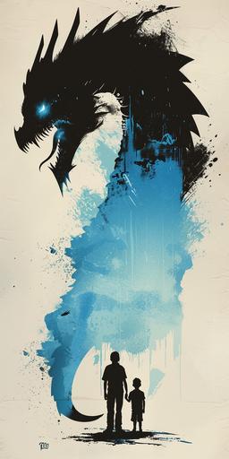 A minimalist poster design featuring the silhouette of an adult and child standing on opposite sides, with their shadows merging into one another to form the shape of blue dragon head and body. The background is simple yet striking in color, with contrasting shades of black and blue creating depth. adding focus and impact to the composition. --ar 1:2