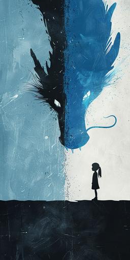 A minimalist poster design featuring the silhouette of tiny little girl standing on opposite sides, with their shadows merging into one another to form the shape of blue dragon head and body. The background is simple yet striking in color, with contrasting shades of black and blue creating depth. adding focus and impact to the composition. --ar 1:2