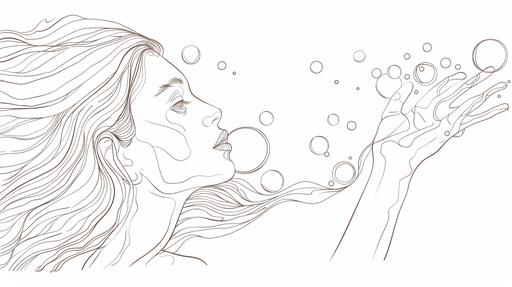 A minimalist single line sketch depicts a graceful female form a delicate hand an expressive gaze a flowing strand of hair and a multitude of tiny bubbles. The hand extends with an air of whimsy its elongated fingers seem to trace the bubbles' paths the gaze projects curiosity mingled with serenity the flowing hair cascades with subtle curves reminiscent of gentle waves the bubbles cluster playfully around the form ascending in a whimsical spiral toward the woman's neck. Each bubble shimmers with an iridescent sheen its outline defined by a fine yet deliberate stroke the bubbles vary subtly in size and shape some clinging precariously to the edge of the sketch others floating with buoyant freedom the negative space surrounding the figure adds a sense of tranquility amplifying the delicate beauty of the linework and the playful dance of the bubbles. --s 50 --ar 16:9