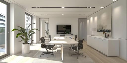 A minimalist style study room, 220 centimeters high, 800 cm long, 300 centimeters wide, with 2 windows on the long side, 200 centimeters wide and 220 centimeters high. On the short side, there are 2 white guest chairs in front of a beautiful desk in front of the doorless wall. On the entrance side of the room, there is a meeting table for 6 people and a television in front of it. We are looking at a modern office design doorless wall there are white guest chairs in front of a beautiful desk, and on the entrance side there is a television in front of a meeting table for 6 people, a modern office design Large windows provide ample natural light. The walls are painted white, and the floor is covered in light wood flooring. The office is furnished with a large, L-shaped desk made of white oak. There are two ergonomic office chairs with black leather seats. A white credenza with drawers and shelves provides storage space. A large painting by a local artist hangs on the wall above the desk. A potted plant adds a touch of greenery to the room. The office is located in a high-rise building in the city center. It has a stunning view of the city skyline, architectural diagram, interior view urban area, realistic, architect drawing camera Eos--v6 - --ar 2:1
