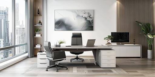A minimalist style study room, 220 centimeters high, 800 cm long, 300 centimeters wide, with 2 windows on the long side, 200 centimeters wide and 220 centimeters high. On the short side, there are 2 white guest chairs in front of a beautiful desk in front of the wall without a door, and a television in front of a meeting table for 6 people on the entrance side of the room, a modern office design with a door, we are looking at the wall without a door.A modern office design Large windows provide ample natural light. The walls are painted white, and the floor is covered in light wood flooring. The office is furnished with a large, L-shaped desk made of white oak. There are two ergonomic office chairs with black leather seats. A white credenza with drawers and shelves provides storage space. A large painting by a local artist hangs on the wall above the desk. A potted plant adds a touch of greenery to the room. The office is located in a high-rise building in the city center. It has a stunning view of the city skyline, architectural diagram, interior view urban area, realistic, architect drawing camera Eos--v6 - --ar 2:1