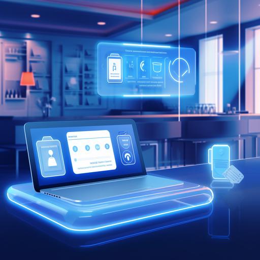 A minimalist vector illustration of a hotel lobby front desk at 1366 x 768 resolution. A glowing blue holographic sign floats above the desk that reads 