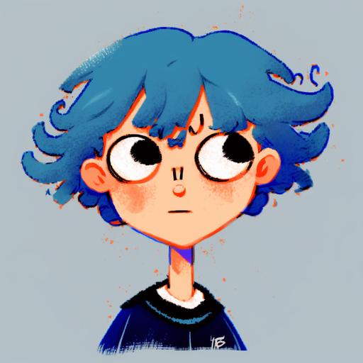 A minimally cartoon character, with blue strokes, short hair